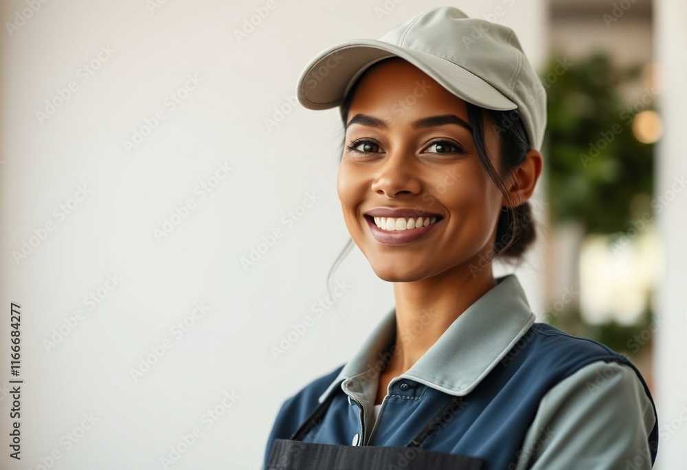 Female delivery person in uniform with bright background Female delivery person in uniform with bright background