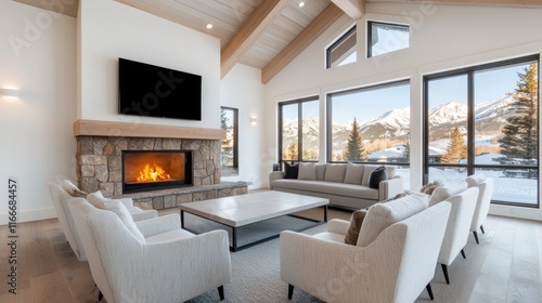 Wallpaper Mural Cozy Modern Living Room with Fireplace and Panoramic Mountain Views Through Large Windows in a Winter Setting Torontodigital.ca