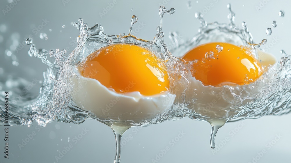 Stunning Closeup of Two Eggs Cracking in Water Splashing Dynamically Stunning Closeup of Two Eggs Cracking in Water Splashing Dynamically