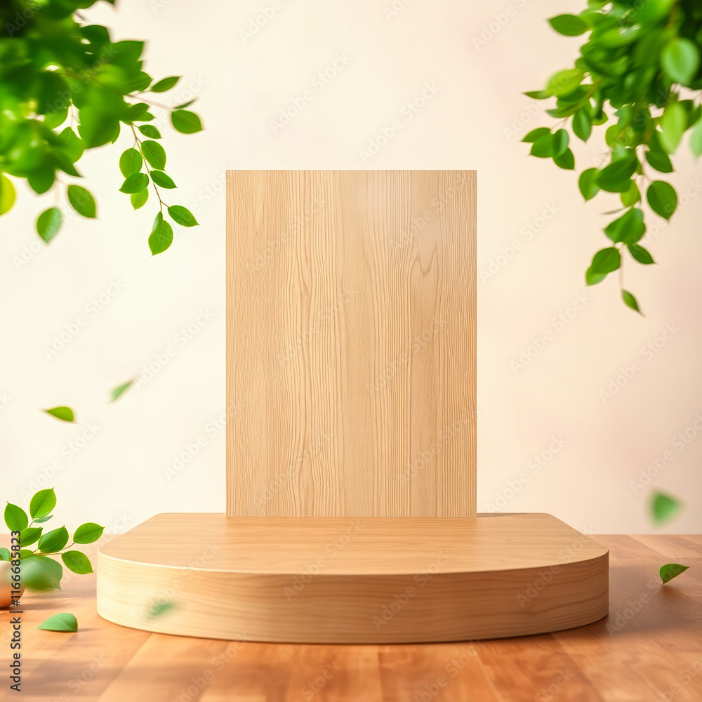 wooden plank on round platform with falling leaves wooden plank on round platform with falling leaves