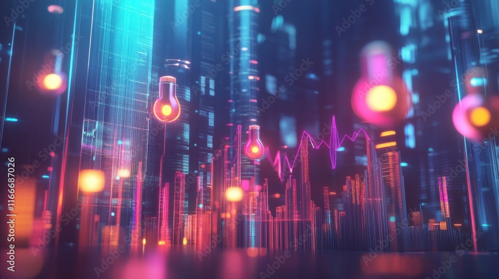 Fototapeta premium Neon Cityscape: Futuristic Urban Landscape with Glowing Bulbs and Data Streams