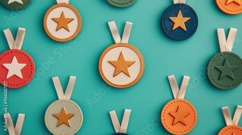 Gamification Colorful medals with stars displayed on a vibrant background.