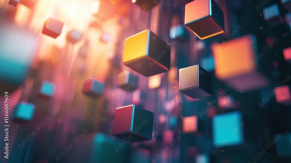 Abstract Digital Art: Floating Cubes in Vibrant Hues and Dynamic Light Abstract Digital Art: Floating Cubes in Vibrant Hues and Dynamic Light