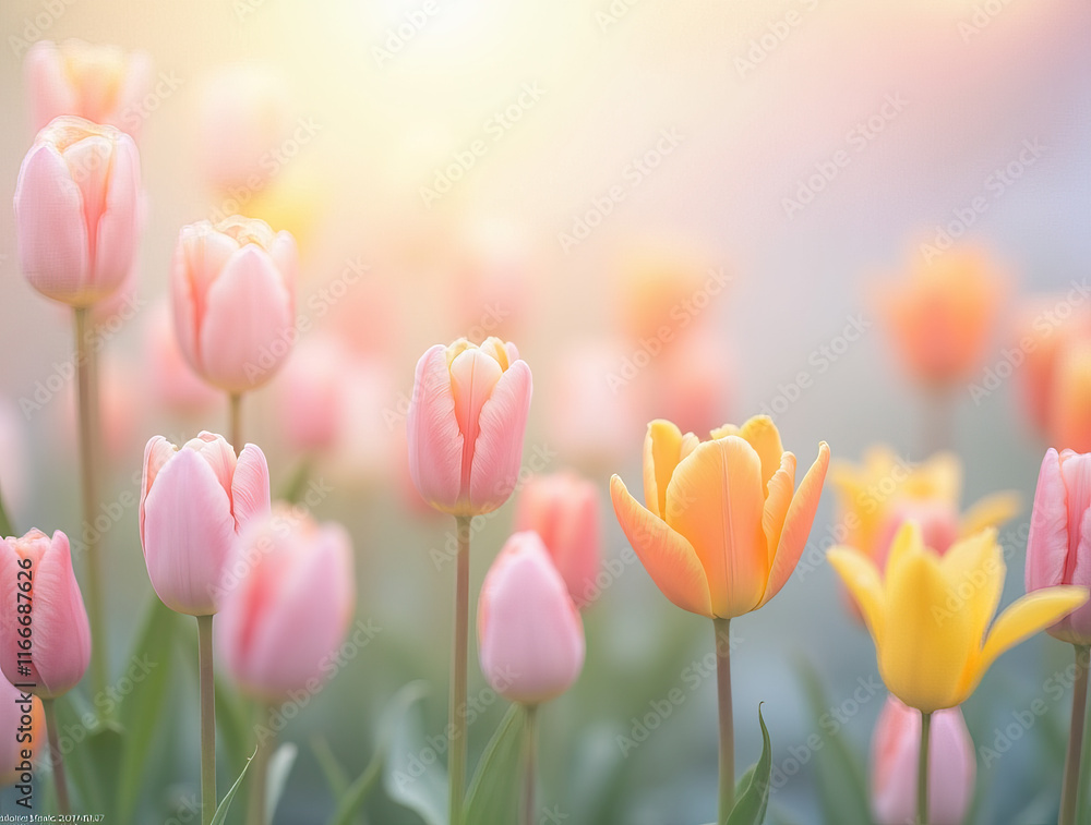 Spring time. A soft and dreamy field of pastel-colored tulips in full bloom, featuring shades of pink, peach, yellow, and white Spring time. A soft and dreamy field of pastel-colored tulips in full bloom, featuring shades of pink, peach, yellow, and white