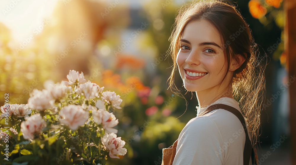Smiling young woman gardener in yard near flowerbed Smiling young woman gardener in yard near flowerbed
