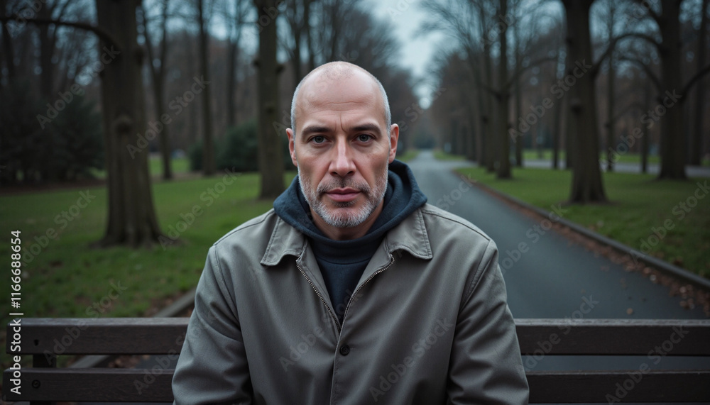 Contemplative man sitting on park bench in winter coat, solitude Contemplative man sitting on park bench in winter coat, solitude