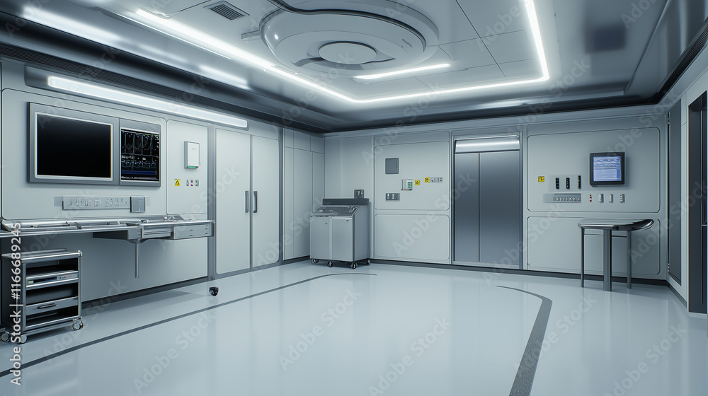 Advanced operating room interior, clean medical environment. Advanced operating room interior, clean medical environment.