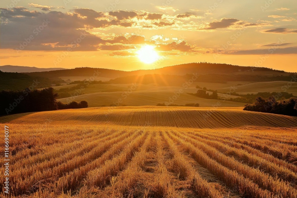 Fototapeta premium A picturesque sunset over golden fields and rolling hills.