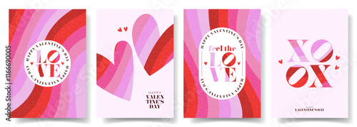 Greeting Valentine's Day posters. Concept of modern typographic design with bright wavy pattern. Vector minimalist posters for Valentine's Day party, banner, ads, branding, cover, sale, social media.