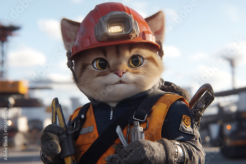 A Courageous Construction Cat:  Hard Hat Hero in Industrial Setting photo