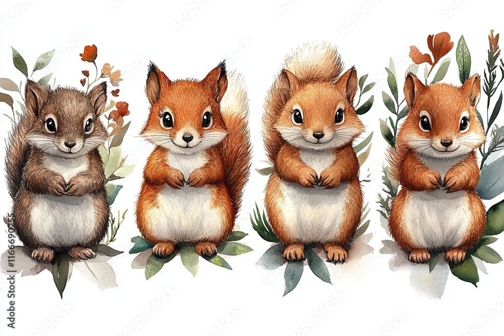 Fototapeta premium Four adorable cartoon squirrels surrounded by plants and flowers.