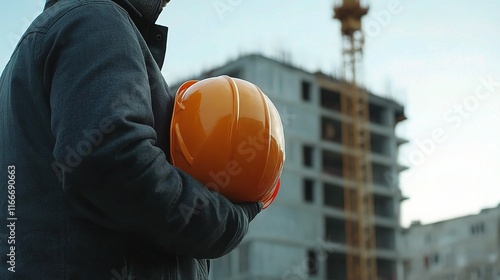 Construction Worker Holding Safety Helmet at Building Site photo