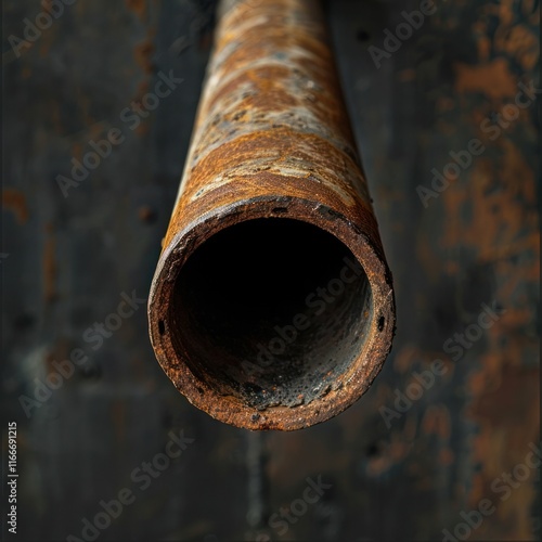 Close up view of an old weathered and rusted metal pipe or industrial tube with a grungy textured surface against a dark urban background photo