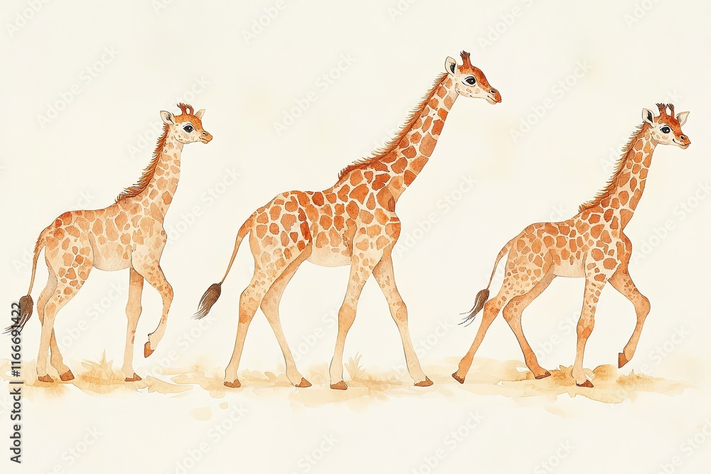 Obraz premium Three watercolor giraffes walking in a line, showcasing their unique patterns and grace.