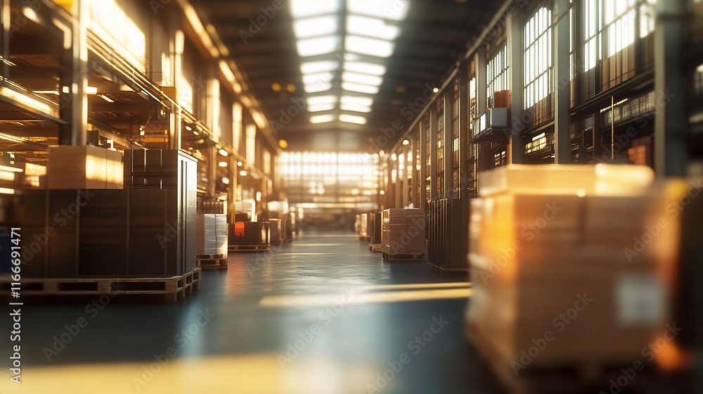 Obraz premium Blurred Image of an Industrial Warehouse with Large Robot in Background