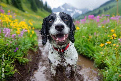 English setter dog on the background of a lavender field. A walk with a hunting dog outside the city. Selective focus. photo