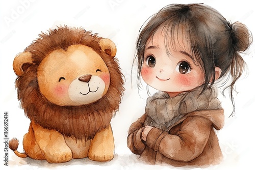 A cute illustration featuring a girl and a friendly lion plush toy. photo