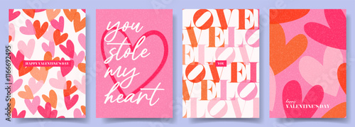 Trendy Valentine's Day posters. Concept of vector minimalist posters with typography design, colorful hearts for Valentine's Day party, banner, card, ads, branding, cover, sale, social media.