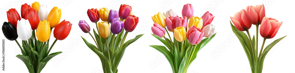 Fototapeta premium Set of a vibrant bouquet of tulips in assorted colors, isolated on a transparent background.