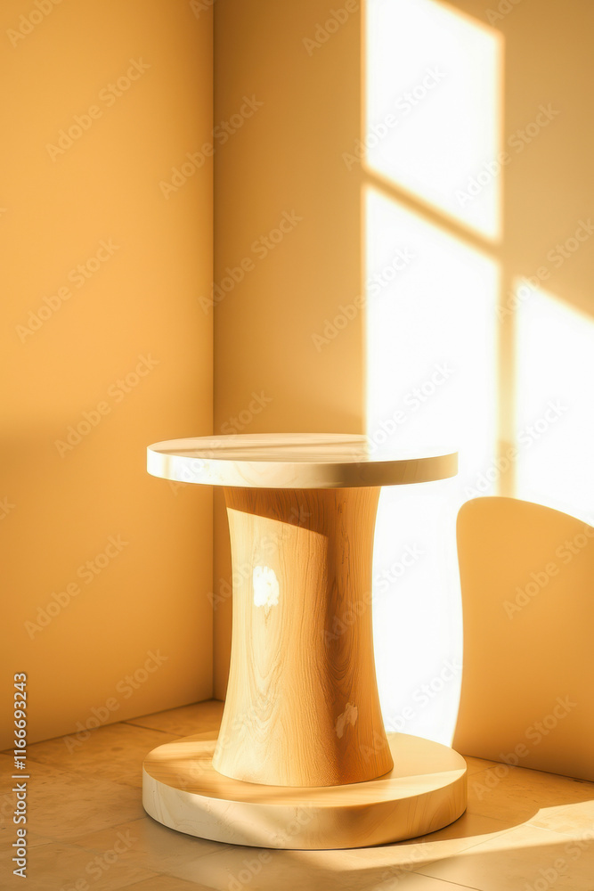 light-colored wooden pedestal with a round top base sits a corner. light-colored wooden pedestal with a round top base sits a corner.