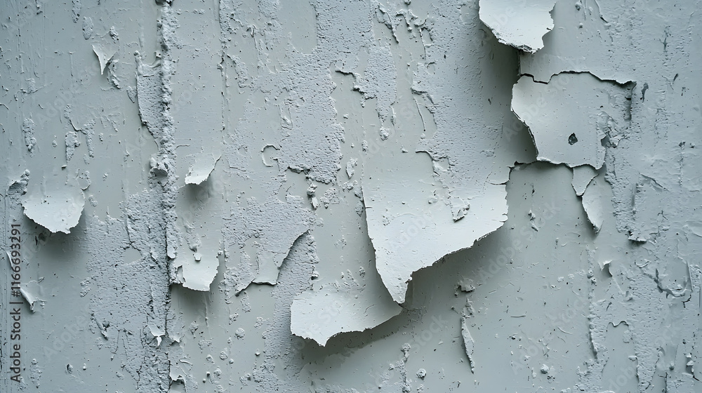 Obraz premium Peeling paint on textured wall creates gritty and chaotic appearance, showcasing layers of white and gray. This captures essence of urban decay and neglect