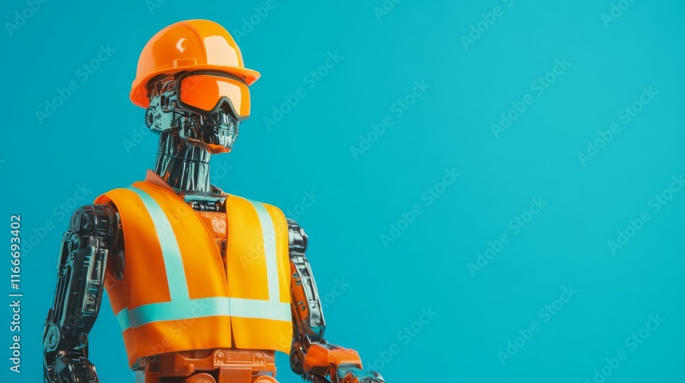 Robotic construction worker in safety gear using a laptop on-site, showcasing modern technology integration in construction Robotic construction worker in safety gear using a laptop on-site, showcasing modern technology integration in construction