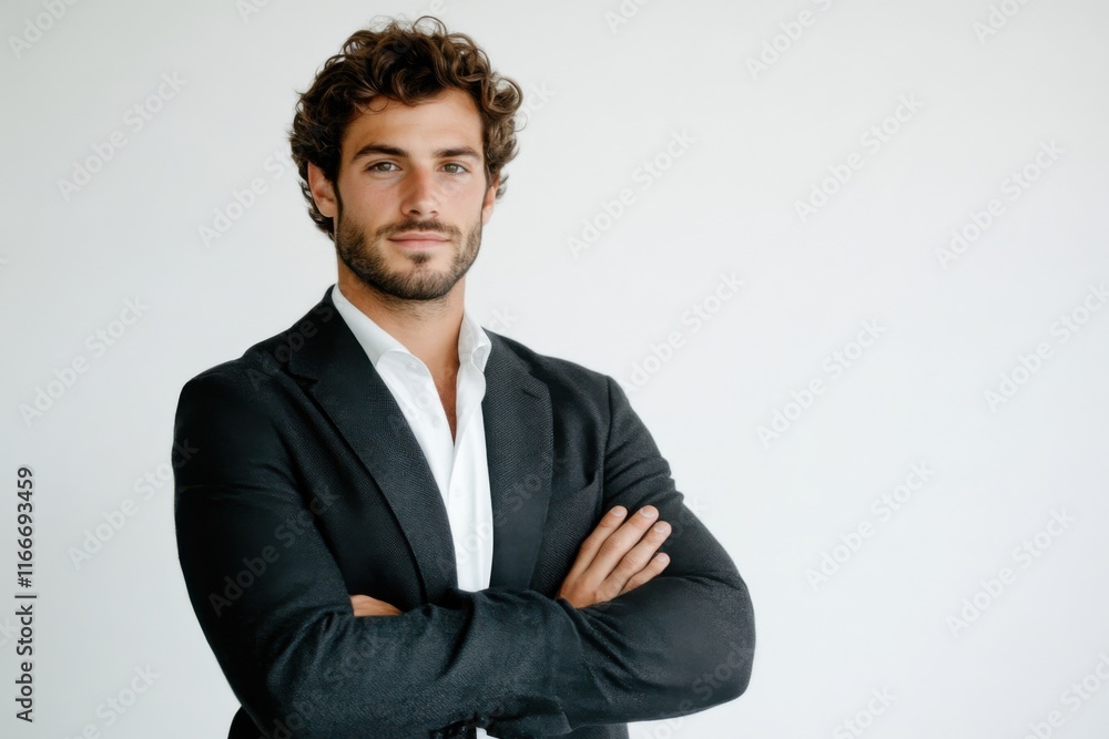 Confident Young Man in a Stylish Black Blazer, Portrait Photography Studio Shot,  Arms Crossed, Professional Image