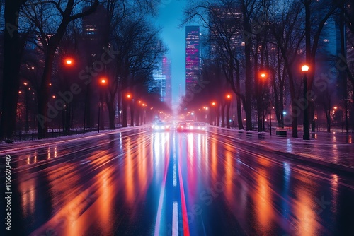 Night city street, snow, rain, lights. photo