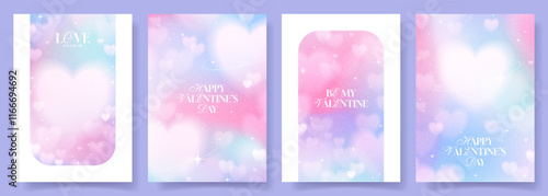 Creative Valentine's Day cards. Vector posters with typography design, blurred hearts, stars on gentle gradient background. Valentine's Day flyers in y2k style for branding, cover, ads, social media.