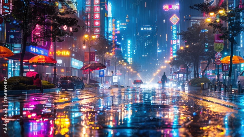 Obraz premium A vibrant city scene at night with neon lights and rain-soaked streets.