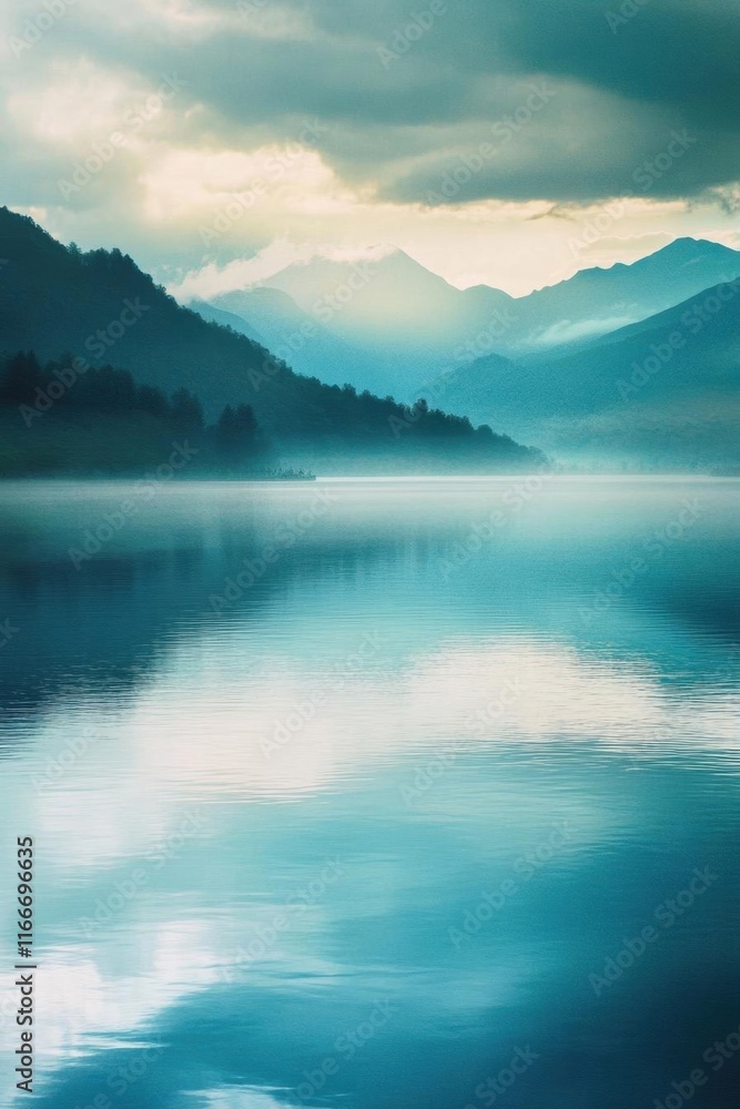 Serene lake reflecting mountains under a cloudy sky. Serene lake reflecting mountains under a cloudy sky.