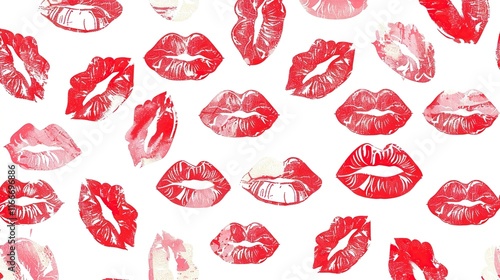 Vector set of red lip prints and kissing marks isolated on a white background, symbolizing love and romance for Valentine's Day in a minimalist design.  
