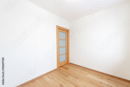 Minimalist Empty Room With Wooden Floor and Closed Wooden Door. Home Interior