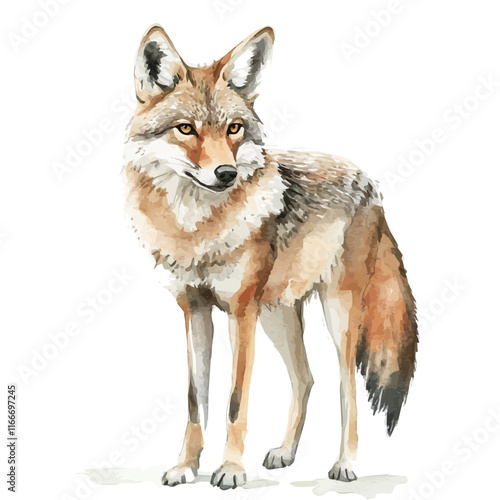 A watercolor vector painting of a coyote, isolated on a white background. Coyote vector.

