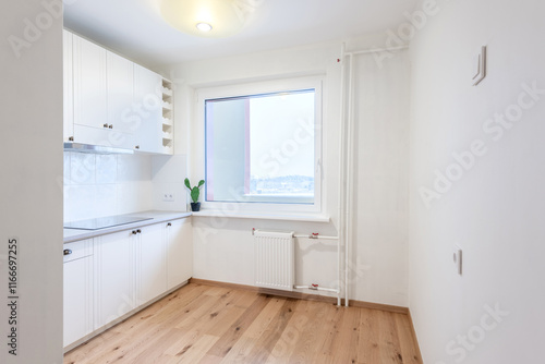 Modern White Kitchen Interior with Large Window and Wooden Flooring. Home Interior