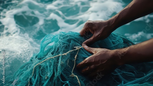 Sustainable Seafood Concept. Hands tying fishing net, surrounded by ocean waves, capturing the essence of traditional fishing practices and craftsmanship. photo