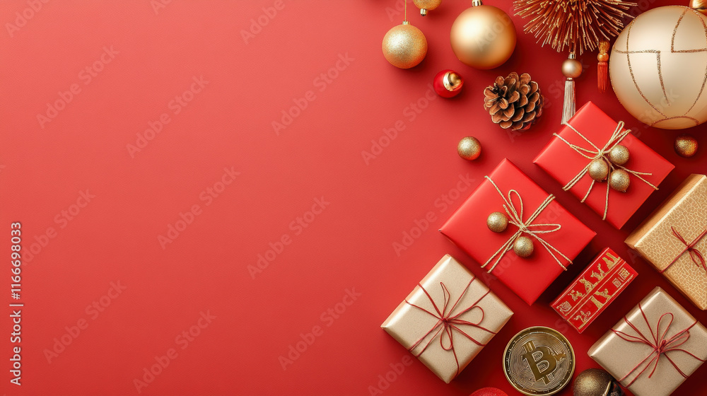 Festive holiday scene with elegantly wrapped gifts, golden ornaments, and a Bitcoin symbol on a vibrant red background. Perfect for Christmas marketing. Festive holiday scene with elegantly wrapped gifts, golden ornaments, and a Bitcoin symbol on a vibrant red background. Perfect for Christmas marketing.