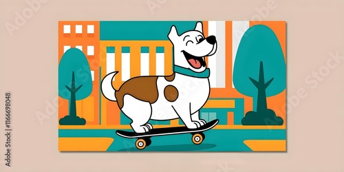 Playful Cartoon Dog Riding Skateboard in Urban Park Surrounded by Stylized Trees and Buildings