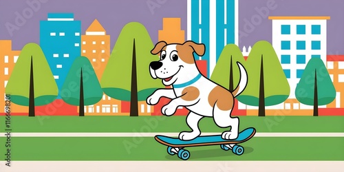 Playful Cartoon Dog Riding Skateboard in Urban Park Surrounded by Stylized Trees and Buildings