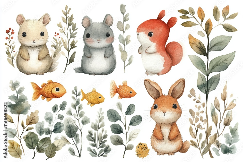 Naklejka premium Cute illustrated animals and plants, ideal for children's art or nature-themed projects.