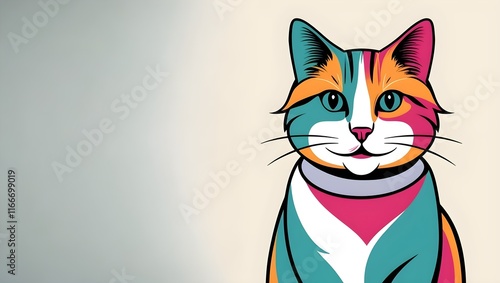 Cat Illustration with Bold Colors and Expressive Blue Eyes on a Light Background with Copy Space
