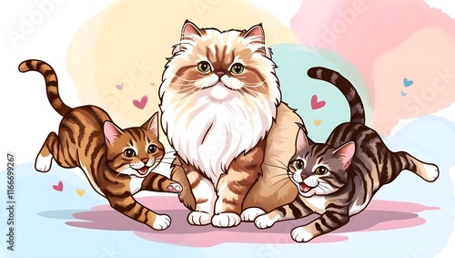Three Cats in a Heartwarming Scene with a Pastel Watercolor Background
