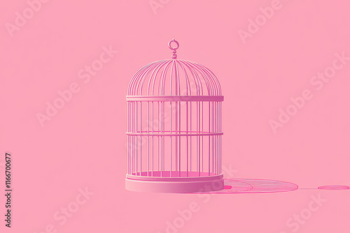 Empty pink birdcage on pink background, minimalist studio shot. photo