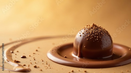 A single, decadent chocolate truffle, delicately dusted with crunchy crumbs, rests in a pool of melted chocolate, creating a luxurious and tempting image. photo