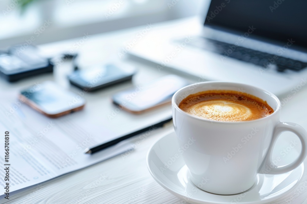 A cozy workspace featuring a cup of coffee, a laptop, and smartphones, creating an inviting atmosphere for productivity and relaxation. A cozy workspace featuring a cup of coffee, a laptop, and smartphones, creating an inviting atmosphere for productivity and relaxation.