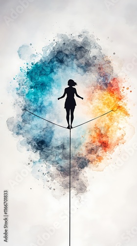 Economic Slowdown Concerns, Person Walking on Tightrope Against Colorful Background photo