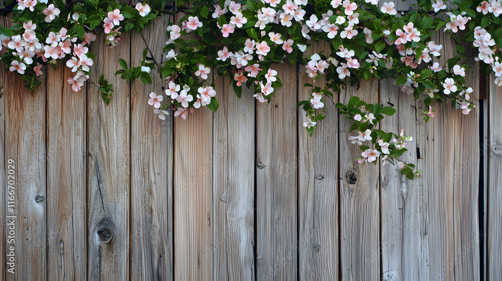 Fototapeta premium rustic wooden fence adorned with delicate spring flowers, creating serene and charming atmosphere. combination of natural wood and blooming flora evokes sense of tranquility and beauty