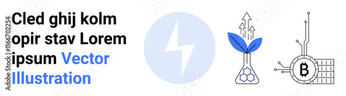 Text block Cled ghij kolm opir stav Lorem ipsum Vector Illustration. Two blue leaves with arrows, hexagonal cells. Bitcoin symbol connected by lines. Ideal for technology, energy, finance