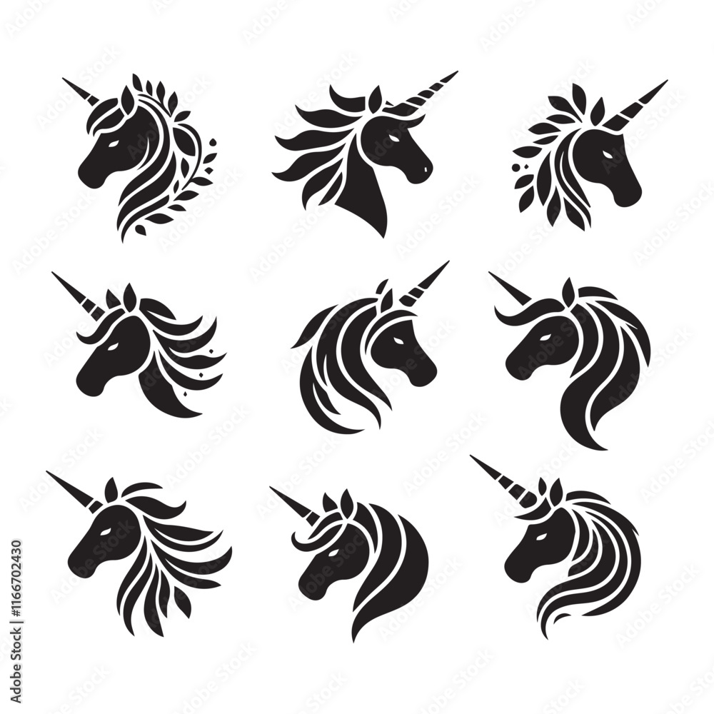 Obraz premium Unicorn face set Vector Silhouette black SH