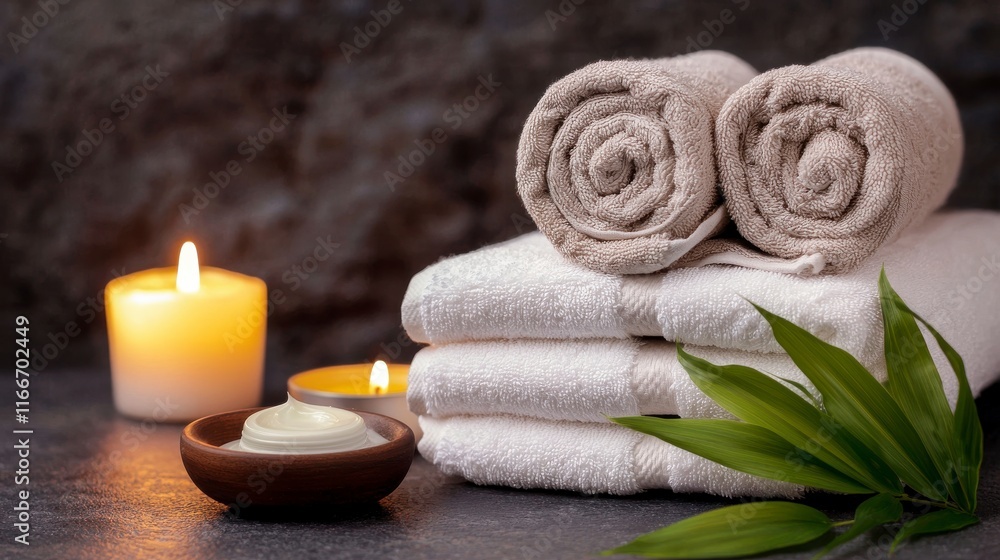 Soft White Towels Roll Neatly on a Dark Surface Near Burning Candles Creating a Relaxing Spa Atmosphere with Natural Elements Enhancing the Serenity of the Setting Soft White Towels Roll Neatly on a Dark Surface Near Burning Candles Creating a Relaxing Spa Atmosphere with Natural Elements Enhancing the Serenity of the Setting